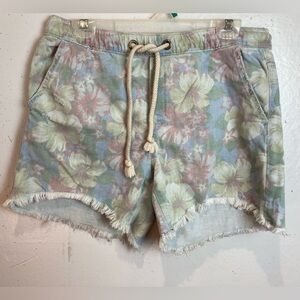 Aerie Cut Off Shorts Womens M Blue Floral Distressed Denim Drawstring Pockets